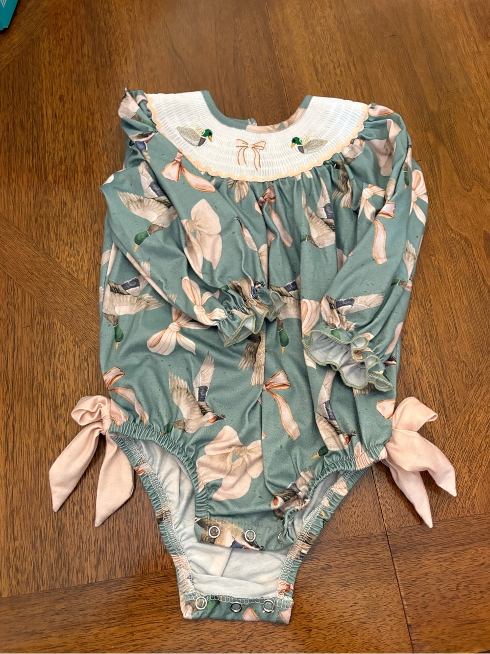 Duck-Print Smocked Collar Teal Baby One-Piece